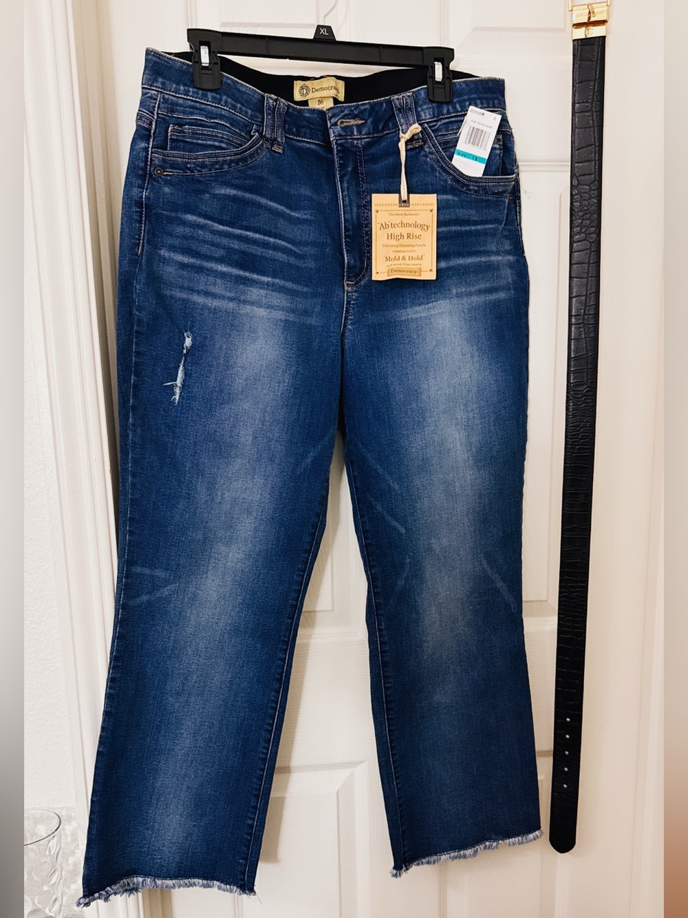 Democracy Dark Blue Cropped High-Rise Jeans with Raw Hem